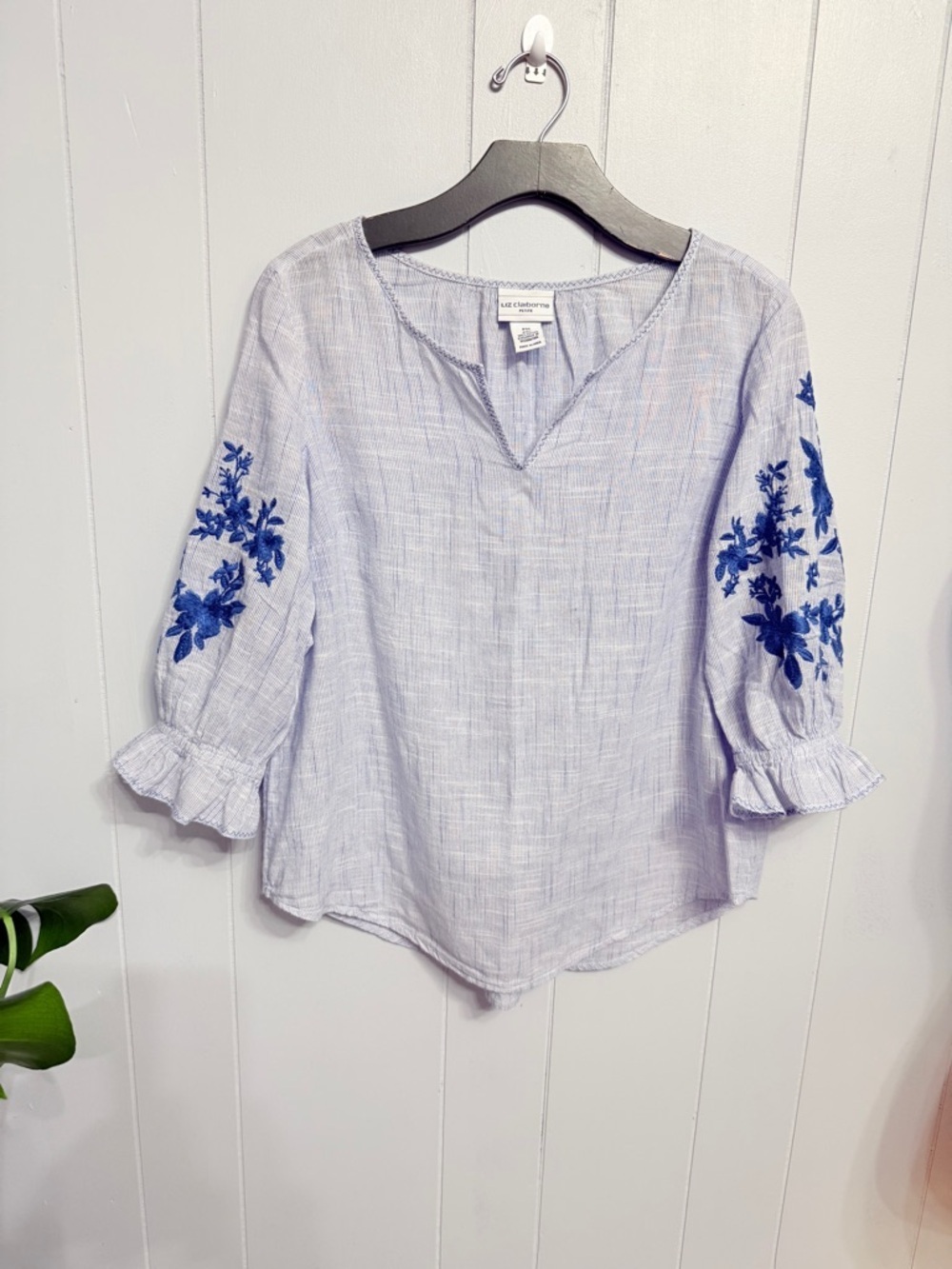 #10)  Liz Claiborne  Blue Floral Sleeve Embroidery